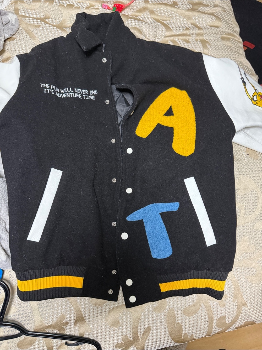Adventure Time Black Varsity Letterman Jacket with Yellow & Blue Appliqués